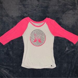 Hurley White Tee with Hot Pink Raglan 3/4 Sleeves and Leopard Logo
